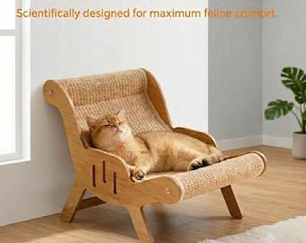 Cat Scratcher Lounge Bed | Wooden Cat Sofa with Sisal Scratching Pad