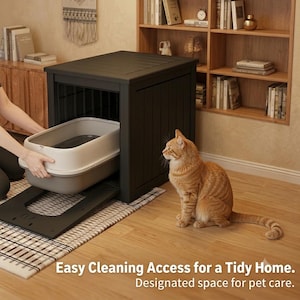 May include: A black wooden cat litter box enclosure with a pull-out tray and a light gray plastic litter pan. The enclosure features vertical slat detailing on the side panels and a flat top surface. An orange tabby cat sits on the floor nearby.