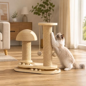 Wooden Cat Scratching Post, Mushroom Cat Scratcher with Hanging Toys, Stable Sisal Climbing Tree for Kittens, Indoor Cat Furniture