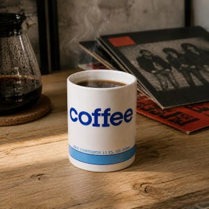 May include: A white ceramic mug filled with steaming dark coffee. The front features the word coffee in bold blue letters, with a blue horizontal stripe below containing the text NET CONTENTS 11 FL. OZ. 325ml in small blue font.