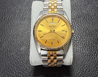 Vintage Seiko Mens Watch 34mm Gold Two Tone 5Y23-8A69 Day Date (working)
