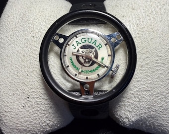 Vintage Jaguar Steering Wheel Mechanical Watch | Rare Old England Design | Unique Collectible Timepiece for Car Lovers (dial moves)