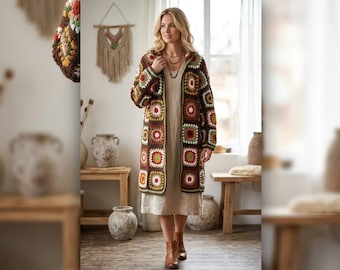 Handmade Crochet Granny Square Cardigan Coat, Patchwork Boho Sweater Jacket