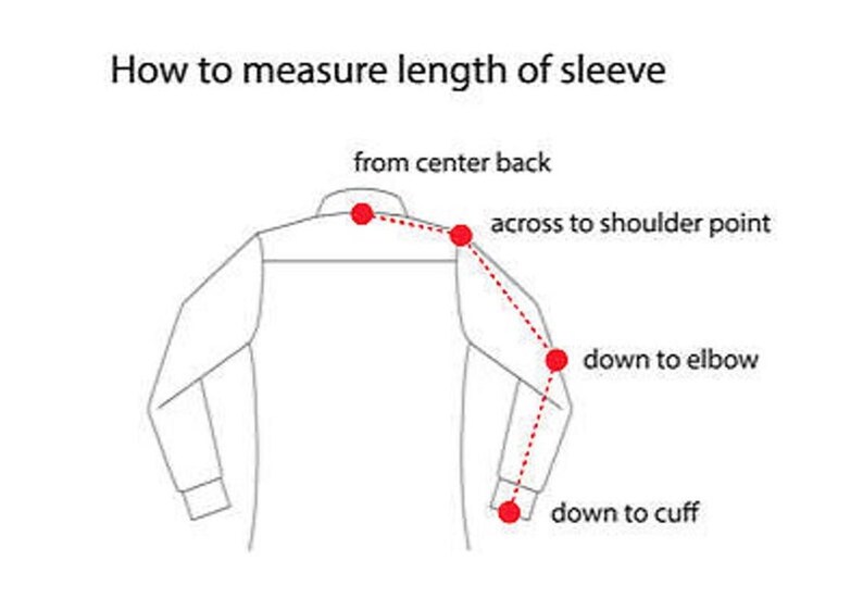 May include: A diagram titled How to measure length of sleeve showing the back of a shirt. Red dots and a dashed line indicate the measurement path from the center back, across to the shoulder point, down to the elbow, and down to the cuff.