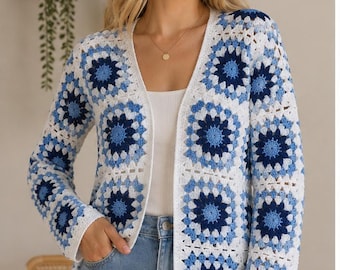 Blue White Granny Square Crochet Cardigan – Boho Patchwork Knit Sweater (M-L)