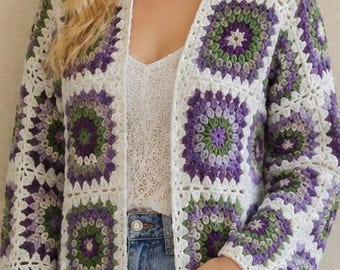 Handmade Granny Square Crochet Cardigan, Boho Cardigan, Oversized L-XL USA size