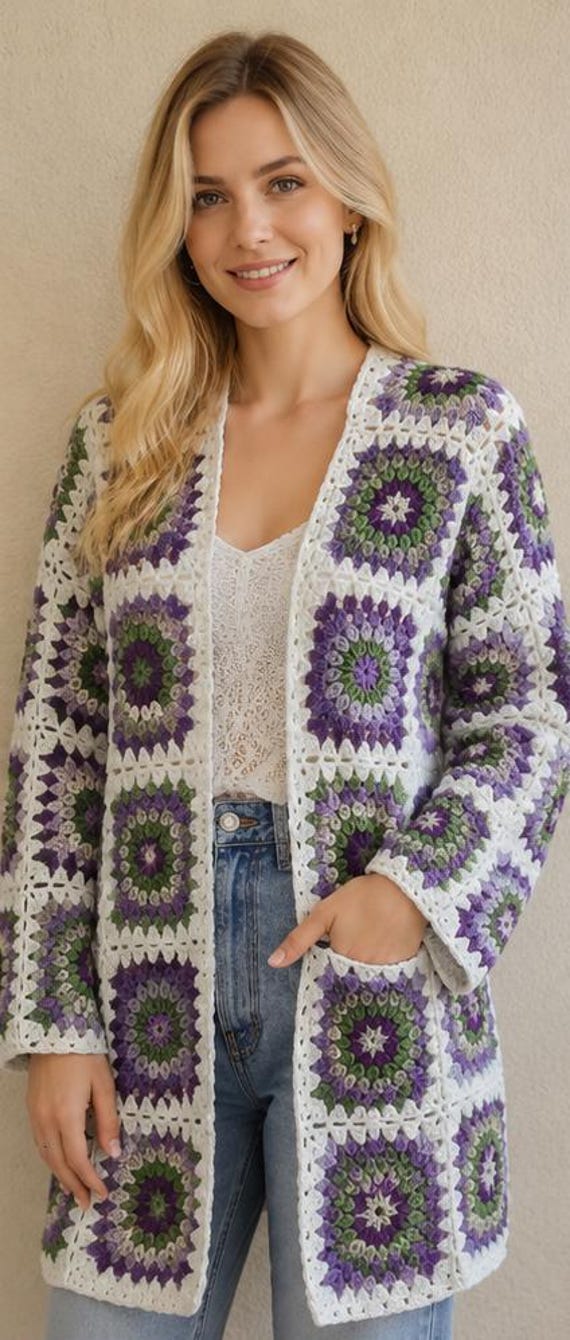 Handmade Granny Square Crochet Cardigan, Boho Cardigan, Oversized L-XL USA size