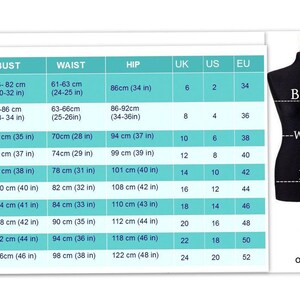 May include: A size chart table with columns for size, bust, waist, hip, UK, US, and EU measurements, displayed in both centimeters and inches. Next to the table is a black mannequin torso with white dashed lines indicating bust, waist, and hip.