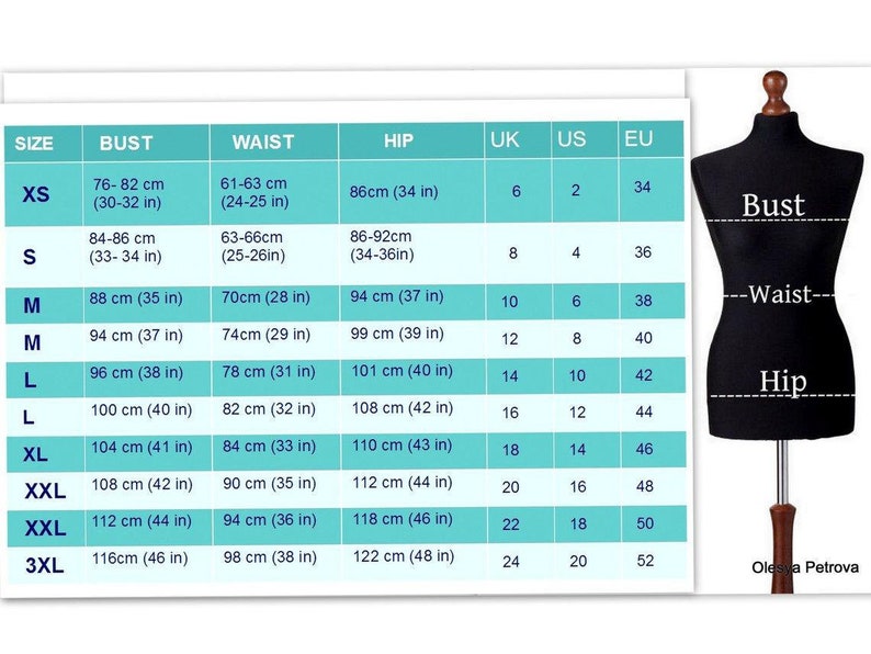 May include: A size chart table with columns for size, bust, waist, hip, UK, US, and EU measurements, displayed in both centimeters and inches. Next to the table is a black mannequin torso with white dashed lines indicating bust, waist, and hip.