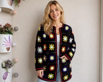 Black Granny Square Cardigan,Black L-XL