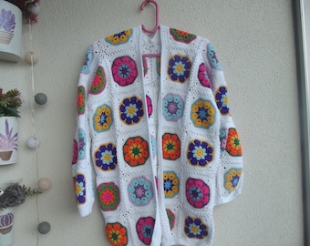 Granny Square Cardigan,Crochet Cardigan,Crochet Granny Square Cardigan,Motiv Cardigan,Gift for her,Cotton Granny Coat