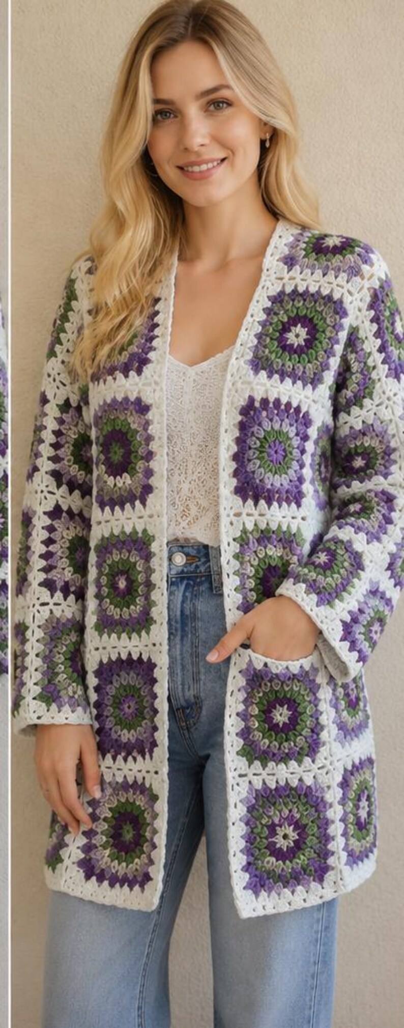May include: A long-sleeved cardigan made of crocheted granny squares in shades of purple, green, and white. The garment features an open front design, a straight hem, and two front patch pockets, constructed from a repeating floral-inspired pattern.