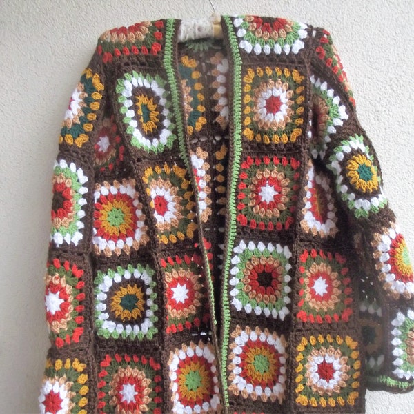 brown granny square cardigan,granny square cardigan,patchwork brown cardigan, brown crochet cardigan