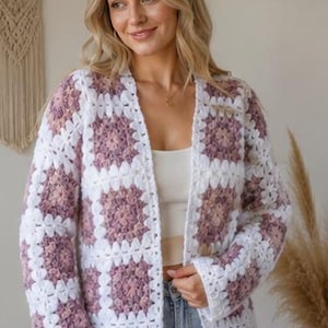 Handmade Mohair Granny Square Cardigan, Boho Crochet Winter Sweater, White Salmon Brown Patchwork M-L