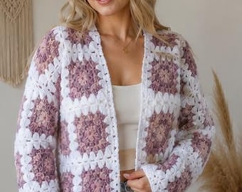 Handmade Mohair Granny Square Cardigan, Boho Crochet Winter Sweater, White Salmon Brown Patchwork M-L
