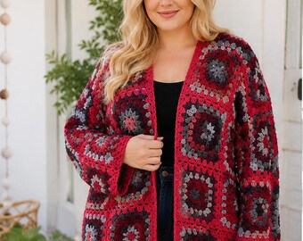 3XL Granny Square Cardigan Handmade Crochet Sweater Plus Size Boho Cardigan Cotton Acrylic Oversized Jacket Gift for Her