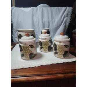 CAC International Ceramic Grape Canister Set 5 Piece Cream Green Vineyard Decor