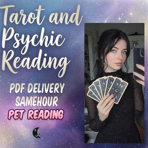 Pode incluir: Imagem com o texto "Tarot and Psychic Reading", "PDF Delivery" e "Samehour". Uma pessoa segura cartas de tarô com desenhos celestiais. O fundo é um gradiente estrelado, roxo e azul.