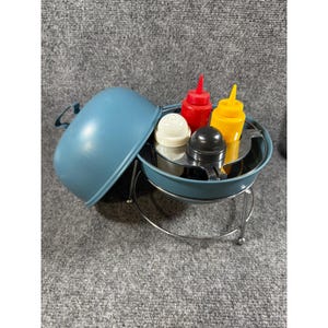 Vintage Blue Kettle Grill Condiment Set Salt Pepper Shakers Ketchup Mustard 8in