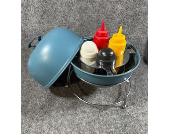 Vintage Blue Kettle Grill Condiment Set Salt Pepper Shakers Ketchup Mustard 8in