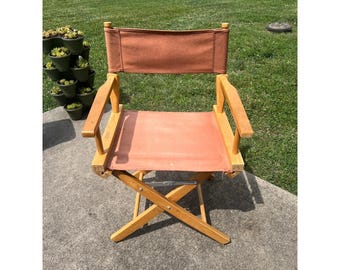 Vintage Wood Directors Chair Folding Canvas Seat Terracotta Orange Mid Century