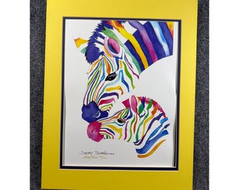 Impressão artística "Zebra Arco-Íris" de Sherry Tolman, assinada e numerada 563/1000, com passe-partout, 40x50 cm (16x20 polegadas).