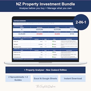 Paquete: Paquete de propiedades de alquiler en Nueva Zelanda, Analizador de propiedades de inversión + Gestor de cartera (Excel y Google Sheets), Rastreador de rendimiento de flujo de caja en Nueva Zelanda