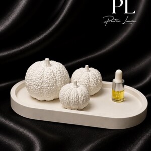 May include: Three white textured pumpkin-shaped objects of varying sizes arranged on an oval white tray alongside a small glass dropper bottle containing a golden liquid. The text PL Pauline Lumière is visible in the upper right corner.