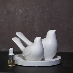 May include: Two smooth white ceramic bird figurines are positioned on a matching circular white tray. Next to the tray stands a small clear glass bottle with a white dropper cap containing a light amber liquid, completing the set.