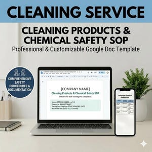 Op de afbeelding: Een laptop en een smartphone tonen een schoonmaakservice document. Het laptopscherm toont een document met de titel "Cleaning Products & Chemical Safety SOP". De smartphone toont een lijst met gevaarlijke chemische combinaties.