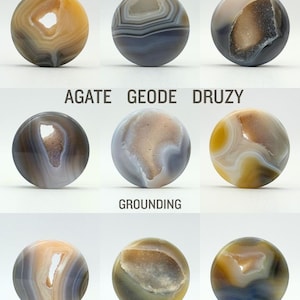 May include: Nine circular agate stones arranged in a grid, featuring banded patterns, geode centers, and druzy textures in shades of tan, gray, white, and brown. Text on the image reads: AGATE GEODE DRUZY, GROUNDING, and ENERGETIC ALLIES.