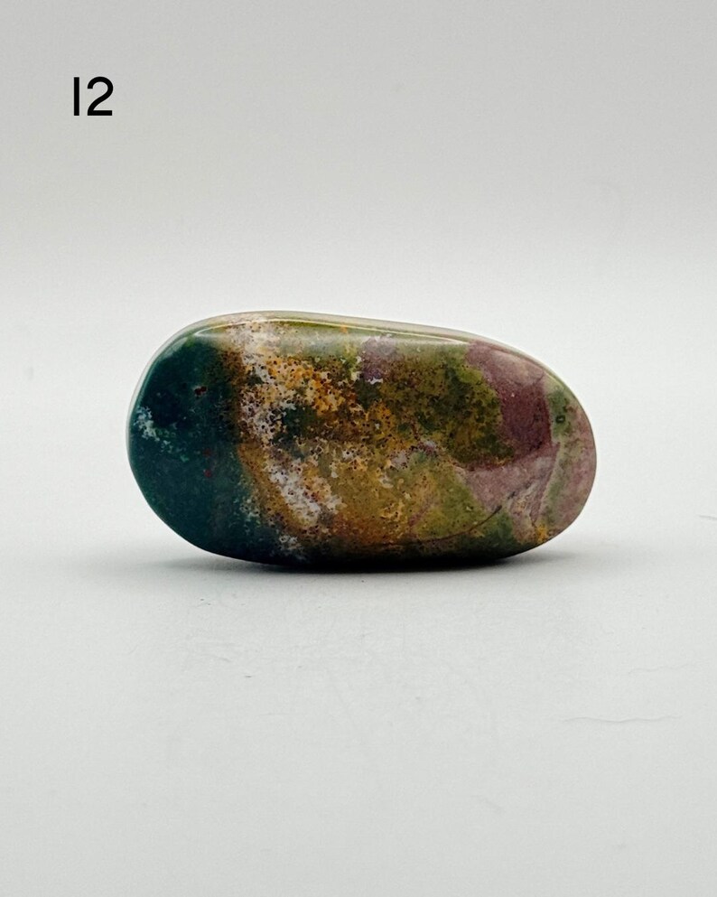 May include: A smooth, polished, oval-shaped stone featuring a mottled pattern of deep forest green, earthy brown, mustard yellow, and muted mauve tones. The stone displays a glossy surface with natural colour variations and the number 12 in the corner.