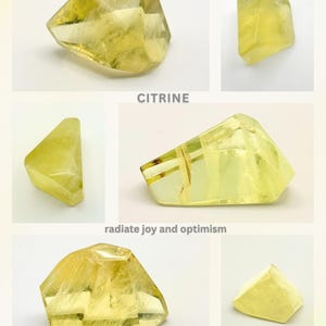 May include: A collage of six faceted, translucent yellow citrine gemstones displayed from various angles. The image includes the text CITRINE and the phrase radiate joy and optimism. Each stone features sharp, geometric edges and a polished surface.
