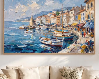 Pintura al óleo de un pueblo portuario al estilo de Malta, lienzo con textura de ciudad costera, arte con espátula y técnica impasto, barcos de pesca, decoración de pared con ambiente costero tranquilo.
