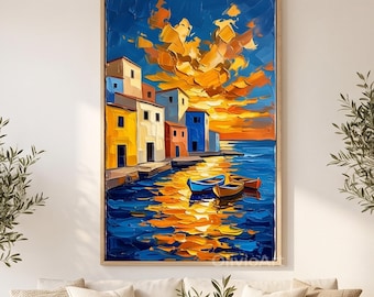 Large Colorful Harbor Town Oil Painting, Sunset Coastal Boat Scenes Textured Canvas Artwork,Impasto Palette Knife, Living Room Wall Interior
