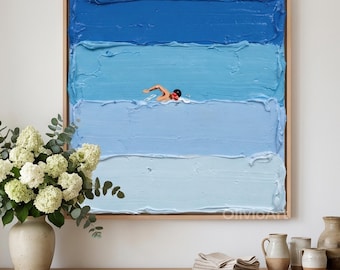 Dipinto ad olio "Nuotatore solitario", tela testurizzata, arte murale 3D a impasto con sfumatura blu, decorazione minimalista a bordo piscina, arte estiva, stile californiano
