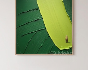 Emerald Fairway, Golf Art, Textured Oil Painting, Handmade Impasto Art, Miniature Golfer Artwork, Modern Minimalist Wall Decor, Luxury Homes