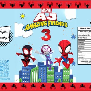 May include: A Marvel "Amazing Friends" themed party favor bag design. The bag features Spider-Man, Miles Morales, and Spider-Gwen characters. The design includes the text "Thank you for coming!" and a nutrition facts chart.