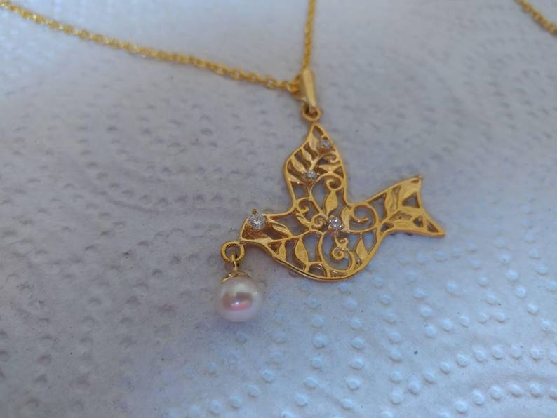 Pigeon with pearl Necklace. Dove with white pearl Pendant. Etsy