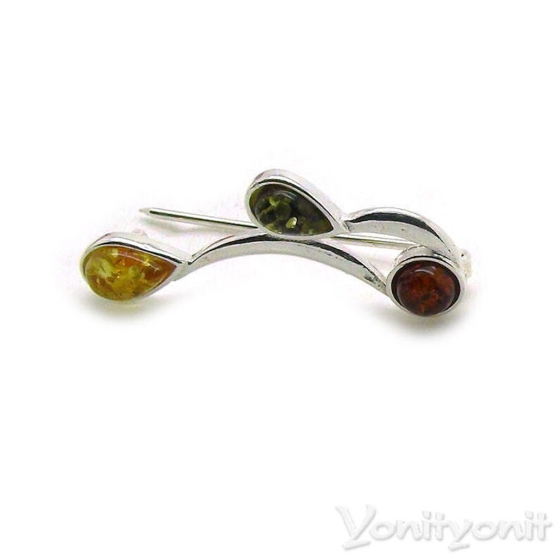 Three Amber Gemstones DESIGNER Handmade Women Jewelry Brooch 925 Sterling Silver Brooch