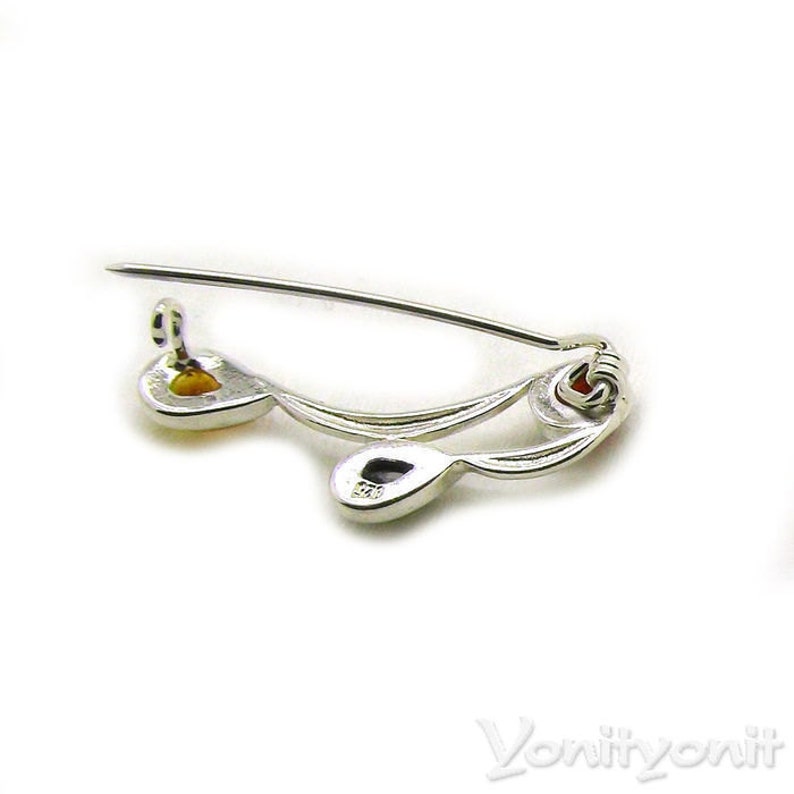 Three Amber Gemstones DESIGNER Handmade Women Jewelry Brooch 925 Sterling Silver Brooch