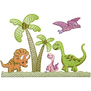May include: An embroidery design featuring a tan triceratops, a small pink dinosaur, and a green long-necked dinosaur standing near two green palm trees, with a purple pterodactyl flying above on a textured light green ground base.