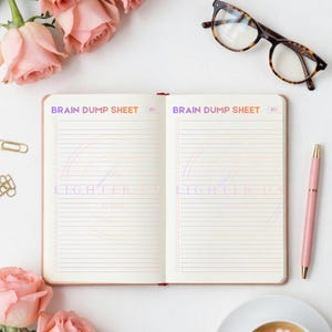 May include: An open notebook with the text BRAIN DUMP SHEET printed at the top of each page. The pages feature horizontal lines and a checklist column. The notebook is surrounded by pink roses, tortoise shell glasses, a pink pen, and a coffee cup.