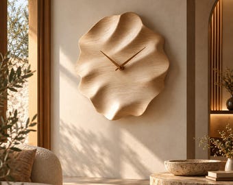 May include: A wall clock with a light wood finish and a wavy, rippled circular shape. The clock face features a natural wood grain texture and two thin, pointed hands positioned in the center to indicate the time against the sculpted surface.