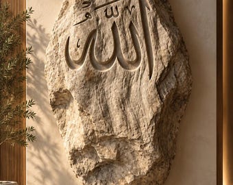 May include: A large, vertically oriented, rough-textured beige stone slab mounted on a wall. The surface of the stone features a deeply carved Arabic calligraphy inscription of the word Allah, rendered in a clean, elegant, and recessed script.