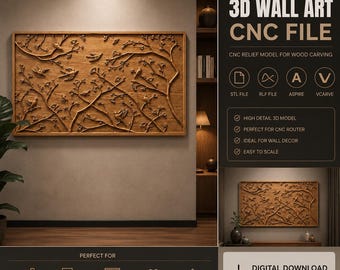 May include: A rectangular wooden wall art panel featuring a 3D relief carving of birds perched on tree branches. The digital file listing includes text labels for CNC relief models, STL, RLF, Aspire, and VCarve formats for wood carving projects.