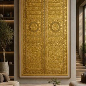 Puede incluir: Una gran pieza de arte mural rectangular que presenta un diseño en relieve de color dorado de las puertas de la Kaaba. La obra muestra intrincada caligrafía árabe y patrones geométricos en un acabado metálico, enmarcada en un borde fino.