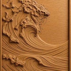 May include: A rectangular wooden wall art piece featuring a detailed relief carving of a large, crashing ocean wave. The natural light brown wood grain is visible throughout the textured surface, depicting the swirling motion of water.