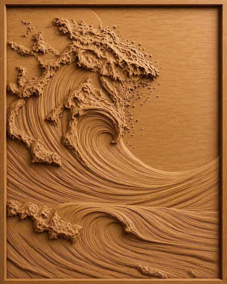 May include: A rectangular wooden wall art piece featuring a detailed relief carving of a large, crashing ocean wave. The natural light brown wood grain is visible throughout the textured surface, depicting the swirling motion of water.