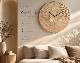 May include: A circular wall clock with a light wood grain texture featuring concentric ring patterns and thin dark brown hands. The text reads 3D CNC Wall Clock, Organic Design CNC Model, STL File, RLF File, Aspire File, and VCarve File.